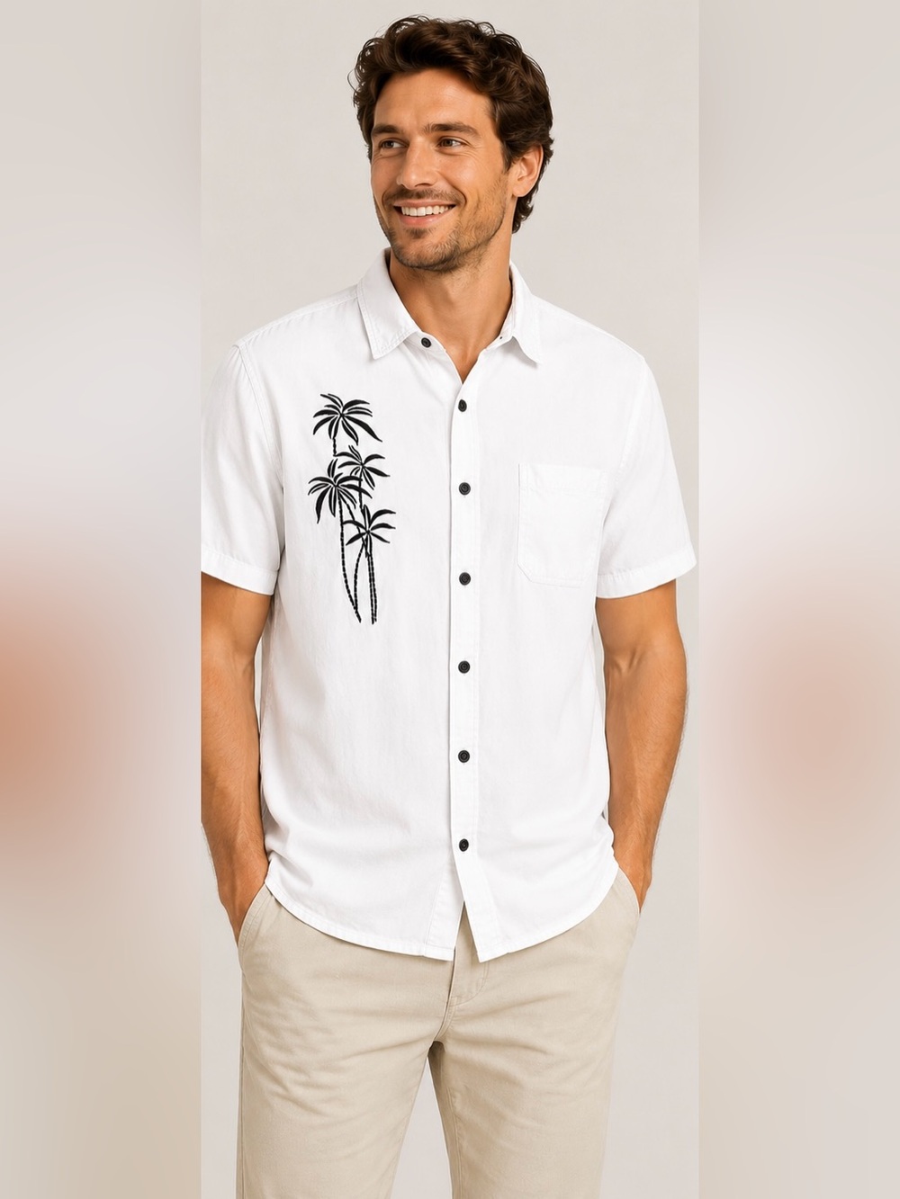 Cotton Collection White Palm Tree Button-Up Shirt